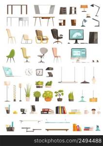 Modern office furniture organizers and accessories top design trends cartoon stile icons objects collection isolated vector illustration . Modern Office Accessories Cartoon Set
