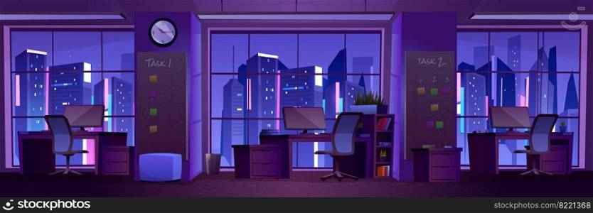 Modern office interior at night. Business workplace, open space room for coworking. Vector cartoon illustration of empty dark cabinet with office furniture, computers and task notes on blackboard. Empty modern office interior at night