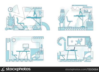 Modern office interior designs outline vector illustrations set. Business center rooms contour compositions on white background. Corporate employees workplace simple style drawings collection