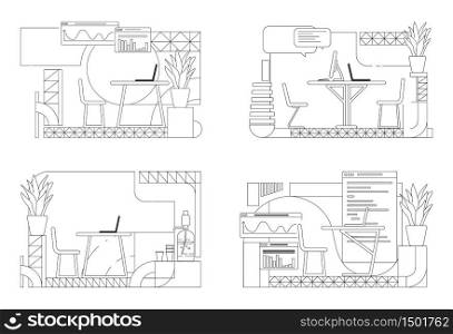 Modern office interior designs outline vector illustrations set. Company CEO personal workplace contour compositions on white background. Sales analyst desks simple style drawings collection