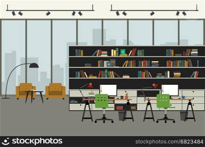 Modern office interior in flat style.. Open space office in flat style with working places, bookshelf and lounge zone.