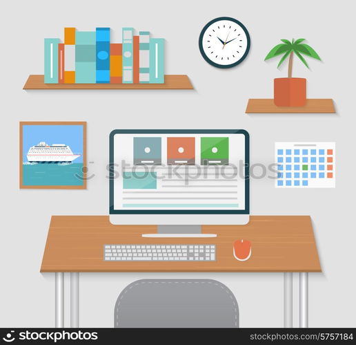 Modern office interior with designer desktop in flat design