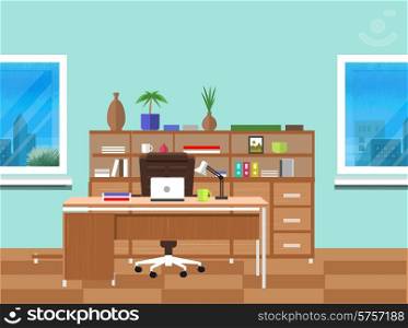 Modern office interior with designer desktop in flat design. Modern business workspace in the office with window