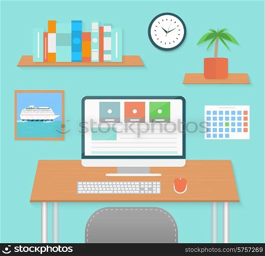 Modern office interior with designer desktop in flat design