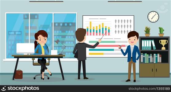 Modern office interior with furniture,business people or office workers,business workplace,flat vector illustration