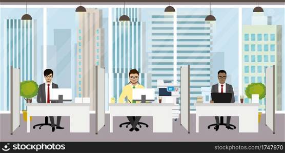 Modern office,office manager on the workplace,three characters,flat vector illustration.