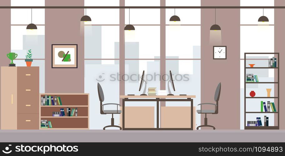 Modern office or coworking workplace,flat interior and furniture,cartoon vector illustration. Modern office or coworking workplace,flat interior and furniture