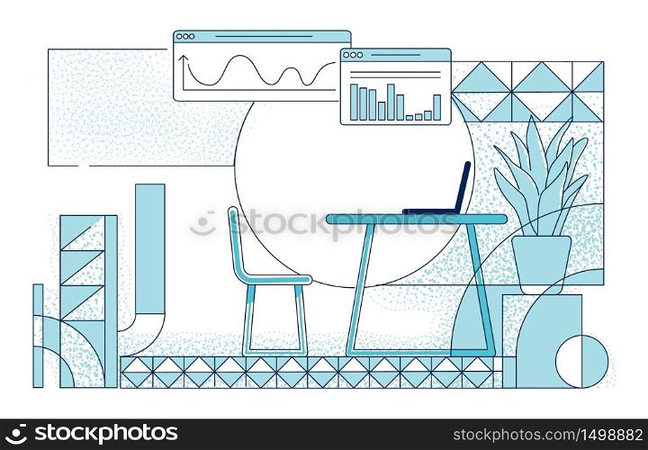 Modern office room interior outline vector illustration. Contemporary company employee workplace design contour composition on white background. Corporate worker desk simple style drawing
