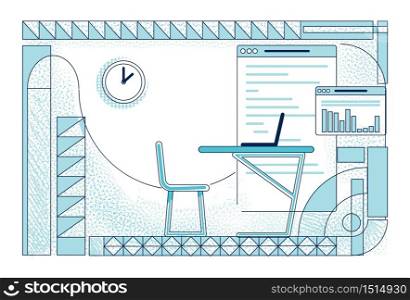 Modern office room interior outline vector illustration. Sales analyst contemporary workplace design contour composition on white background. Corporate worker desk simple style drawing