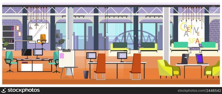 Modern office with panoramic window vector illustration. Table with computers and chairs in spacious open space. Interior illustration