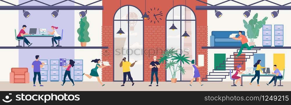 Modern Office Work, Time Management in Business Flat Vector Concept. Company Employees Working Together in Spacious Office, Boss Showing on Clock When Personnel Running Around with Papers Illustration