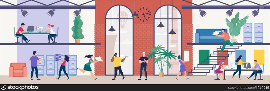 Modern Office Work, Time Management in Business Flat Vector Concept. Company Employees Working Together in Spacious Office, Boss Showing on Clock When Personnel Running Around with Papers Illustration