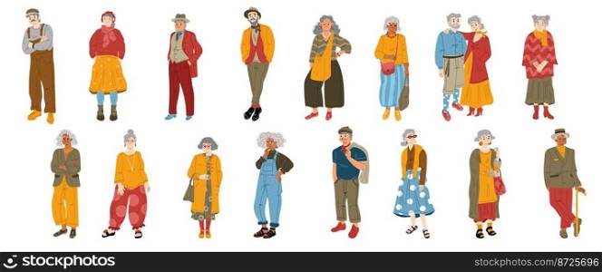 Modern old people flat vector illustration set. Collection of elegant senior men, women wearing colorful stylish clothes. Elderly characters posing in fashionable outfit isolated on white background. Modern old people flat vector illustration set