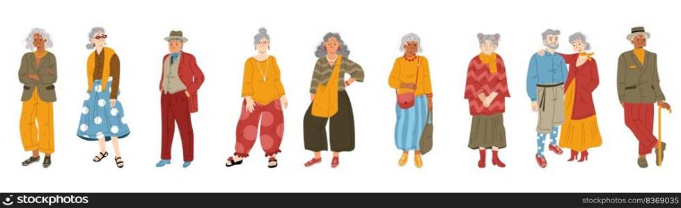 Modern old people, senior adult women and men in fashion clothes. Happy grandmothers and grandfathers in trendy casual apparel isolated on white background, vector flat illustration. Modern old people in fashion clothes