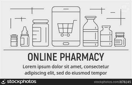 Modern online pharmacy banner. Outline illustration of modern online pharmacy vector banner for web design. Modern online pharmacy banner, outline style