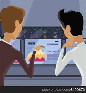 Modern Online Trading Technology Illustration.. Modern online trading on stock exchange concept. Flat style design Monitoring of value indexes. Online trading technology. Brokerage trading on the web vector. Flat style design. Businessman at work.