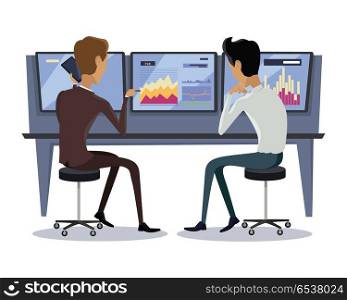 Modern Online Trading Technology Illustration.. Modern online trading on stock exchange concept. Flat style design Monitoring of value indexes. Online trading technology. Brokerage trading on the web vector. Flat style design. Businessman at work.