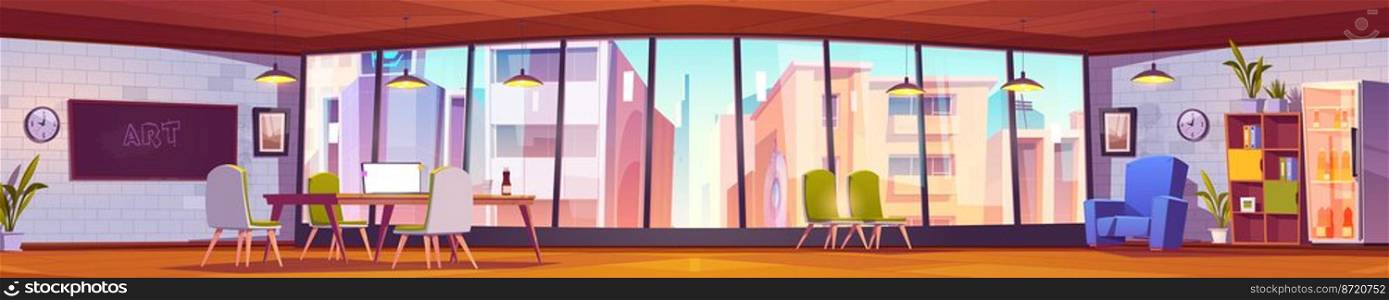 Modern open plan office, cartoon interior. Panoramic view of large workspace with glass wall, comfortable furniture for creativity. Urban cityscape with skyscrapers seen through window. Vector design. Modern open plan office, cartoon interior