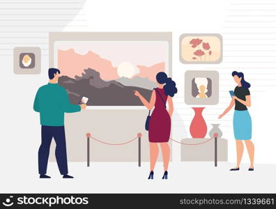 Modern or Classic Artist Drawings Exhibition in Art Museum Concept. Man and Women Looking on Landscape, Portrait, Still Life Drawings on Wall, People Visiting Museum Trendy Flat Vector Illustration