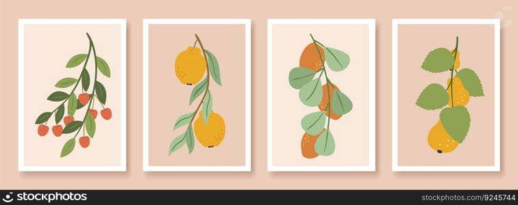 Modern organic fruits banners. Mango pears cherry hang on green branches. Fashion interior posters, vector contemporary exotic eco design of organic food delicious banner illustration. Modern organic fruits banners. Mango pears cherry hang on green branches. Fashion interior posters, vector contemporary exotic eco design