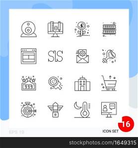 Modern Pack of 16 Icons. Line Outline Symbols isolated on White Backgound for Website designing. Creative Black Icon vector background
