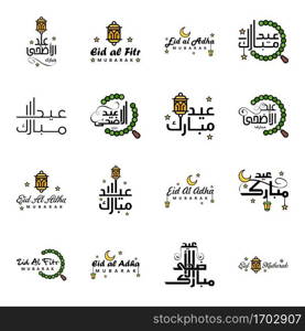 Modern Pack of 16 Vector Illustrations of Greetings Wishes For Islamic Festival Eid Al Adha Eid Al Fitr Golden Moon   Lantern with Beautiful Shiny Stars