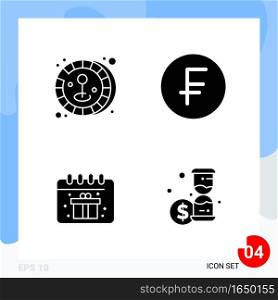 Modern Pack of 4 Icons. Solid Glyph Symbols isolated on White Backgound for Website designing. Creative Black Icon vector background