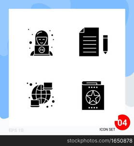 Modern Pack of 4 Icons. Solid Glyph Symbols isolated on White Backgound for Website designing. Creative Black Icon vector background