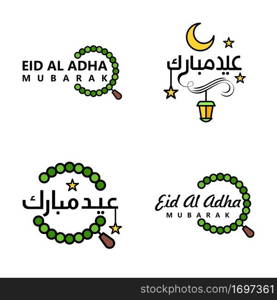 Modern Pack of 4 Vector Illustrations of Greetings Wishes For Islamic Festival Eid Al Adha Eid Al Fitr Golden Moon   Lantern with Beautiful Shiny Stars
