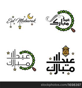 Modern Pack of 4 Vector Illustrations of Greetings Wishes For Islamic Festival Eid Al Adha Eid Al Fitr Golden Moon & Lantern with Beautiful Shiny Stars