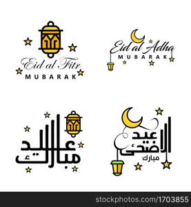 Modern Pack of 4 Vector Illustrations of Greetings Wishes For Islamic Festival Eid Al Adha Eid Al Fitr Golden Moon   Lantern with Beautiful Shiny Stars