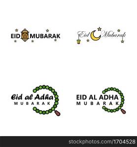 Modern Pack of 4 Vector Illustrations of Greetings Wishes For Islamic Festival Eid Al Adha Eid Al Fitr Golden Moon   Lantern with Beautiful Shiny Stars