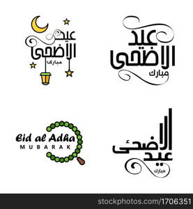 Modern Pack of 4 Vector Illustrations of Greetings Wishes For Islamic Festival Eid Al Adha Eid Al Fitr Golden Moon   Lantern with Beautiful Shiny Stars