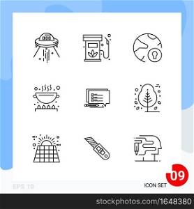 Modern Pack of 9 Icons. Line Outline Symbols isolated on White Backgound for Website designing. Creative Black Icon vector background