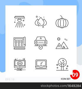 Modern Pack of 9 Icons. Line Outline Symbols isolated on White Backgound for Website designing. Creative Black Icon vector background