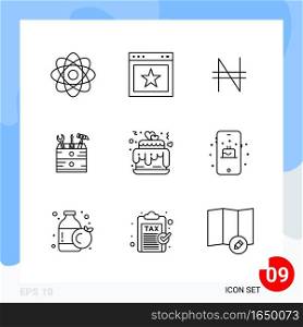Modern Pack of 9 Icons. Line Outline Symbols isolated on White Backgound for Website designing. Creative Black Icon vector background
