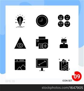 Modern Pack of 9 Icons. Solid Glyph Symbols isolated on White Backgound for Website designing. Creative Black Icon vector background