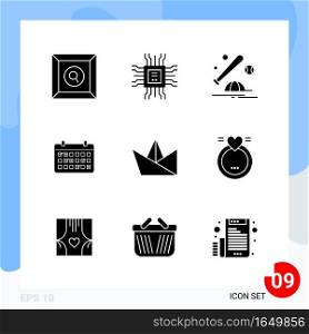 Modern Pack of 9 Icons. Solid Glyph Symbols isolated on White Backgound for Website designing. Creative Black Icon vector background