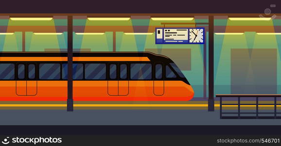 Modern passenger electric high-speed train in tunnel underground, subway, metro station interior with transport, vector illustration flat style. Modern passenger electric train in tunnel underground, subway, metro