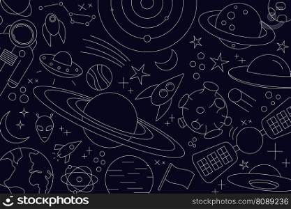 Modern pattern of planet, star, comet. with different rockets. Universe line drawings. Cosmos. Trendy space signs constellation moon. Outline doodle style icon, sketch on dark background. Modern pattern of planet, star, comet, with different rockets. Universe line drawings. Cosmos. Trendy space signs, constellation, moon. Outline, doodle style, icon, sketch. on dark background.