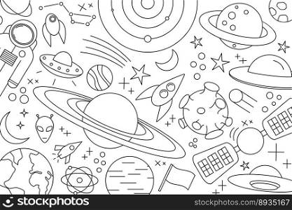 Modern pattern of planet, star, comet. with different rockets. Universe line drawings. Cosmos. Trendy space signs constellation moon. Outline doodle style icon, sketch on white background. Modern pattern of planet, star, comet, with different rockets. Universe line drawings. Cosmos. Trendy space signs, constellation, moon. Outline, doodle style, icon, sketch. on white background.