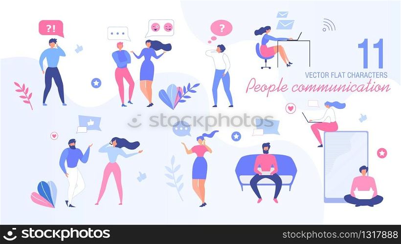 Modern People Communication Trendy Flat Vector Isolated Concepts Set. Man and Woman Character Calling, Talking with Friend by Cellphone, Messaging Online with Laptop, Talking Face to Face Illustration