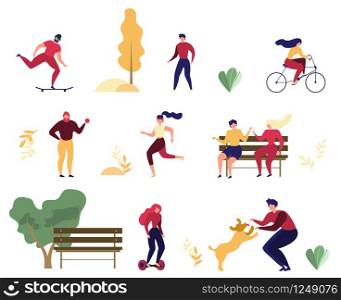 Modern People Outdoor Activity Flat Vector Set Isolated on White Background. Women and Men Riding Bicycle, Hoverbord and Skateboard, Playing with Dog, Meeting with Fiends on Bench in Park Illustration