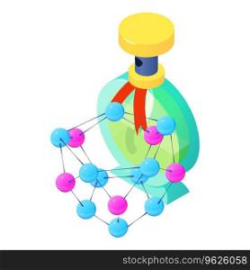Modern perfume icon isometric vector. Blue bottle of perfume and molecule symbol. Parfum de toilette, aroma, perfumery. Modern perfume icon isometric vector. Blue bottle of perfume and molecule symbol