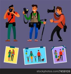 Modern photographers with professional equipment camera gears and tripod vector. Samples of works family pictures with mother, father, child and pet. Modern Photographers with Professional Equipment