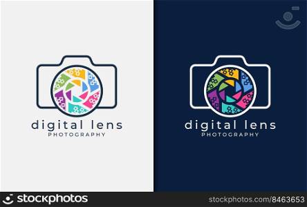 Modern Photography Logo Design. Abstract Camera Symbol Combined with Modern Digital Lens with Stylish Lines Concept.