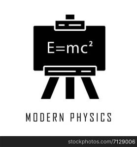 Modern physics glyph icon. Theory of relativity and quantum mechanics. Up-to-date physics and learning. Einstein formula on whiteboard. Silhouette symbol. Negative space. Vector isolated illustration