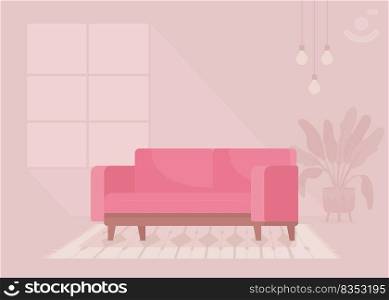 Modern pink velvet sofa flat color vector illustration. Living room decor. Contemporary couch. Fully editable 2D simple cartoon interior with cozy atmosphere and large window on background. Modern pink velvet sofa flat color vector illustration
