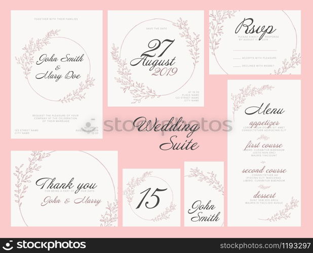 Modern pink Wedding suite collection card templates with pink flowers, labels and decorations on white - invitation, save the date card, rsvp, thank you card, table number, table name card, menu. Wedding suite collection card templates