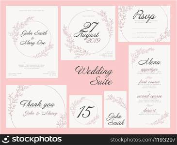 Modern pink Wedding suite collection card templates with pink flowers, labels and decorations on white - invitation, save the date card, rsvp, thank you card, table number, table name card, menu. Wedding suite collection card templates